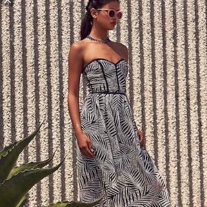 Parker Azalea Palm Leaf sweetheart neckline strapless black white midi d…